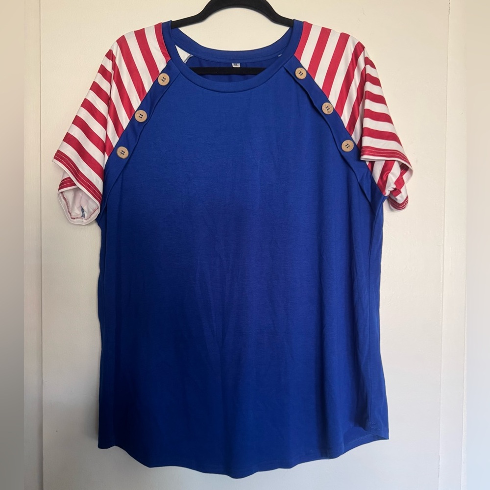 Red White Blue Patriotic Women’s Shirt Stripe Sleeves Colorblock Tunic XL NEW - Picture 2 of 7